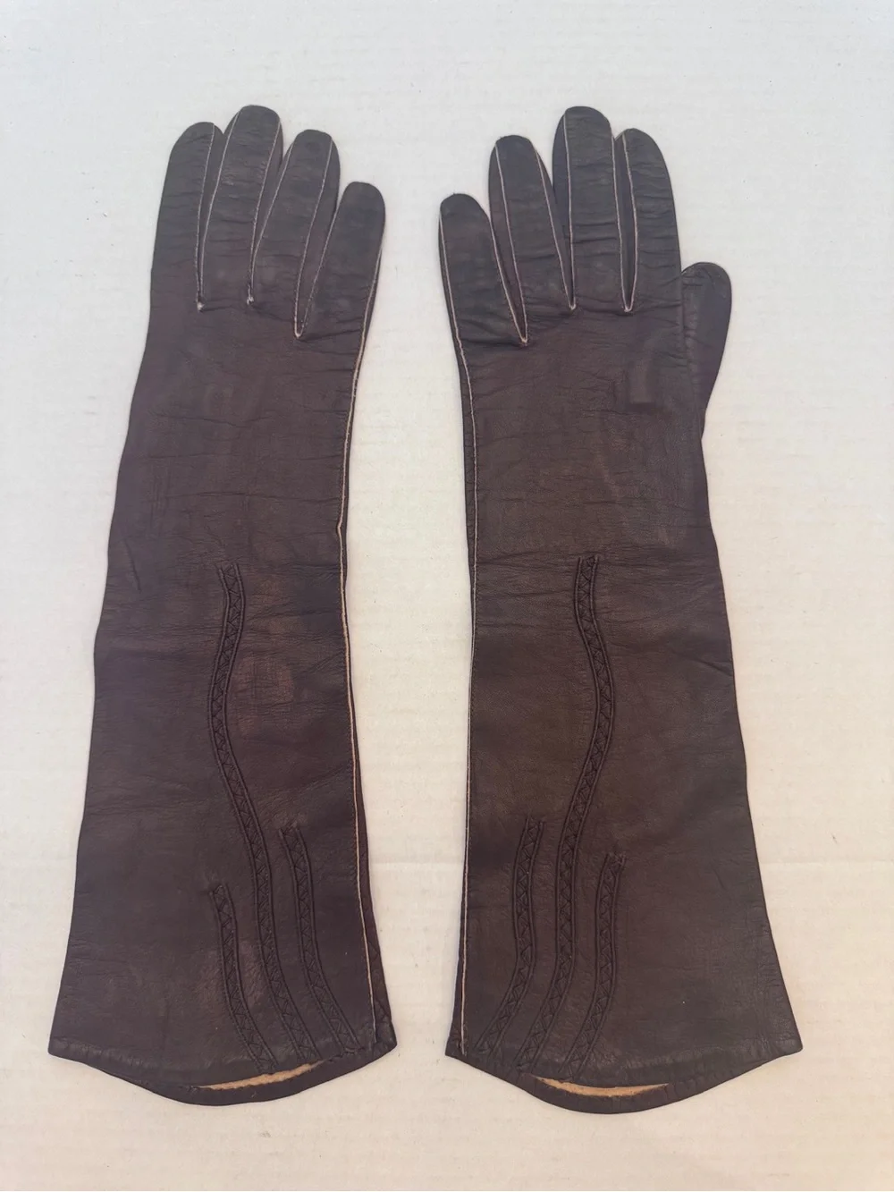 Vintage Bambe Brown Leather Opera Gloves Long Made in Italy Size 7.5 Women
